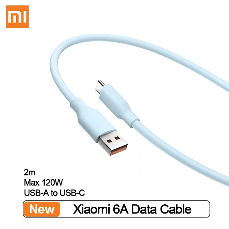 New Xiaomi 6A Data Cable Skin Friendly Silicone Max 120W Fast Charging Cable 2m USB-A to USB-C Support 480Mbps Data Transmission