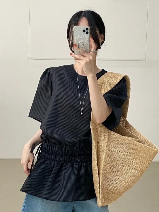 

Chic Faionable ort Sve Dstring irt Women's New Summer Top Versatile Bubble Sve round Ne Casual Busin Outfit