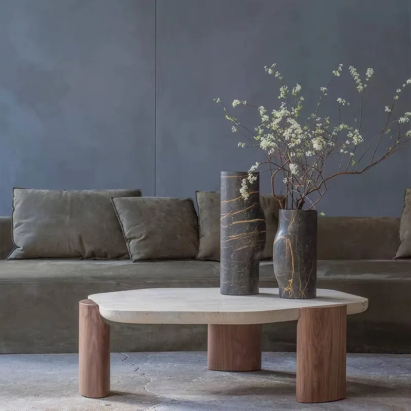 Nordic Modern Solid Wood Coffee Table with Natural Stone Travertine Tea Table Designed for Living Room Furniture