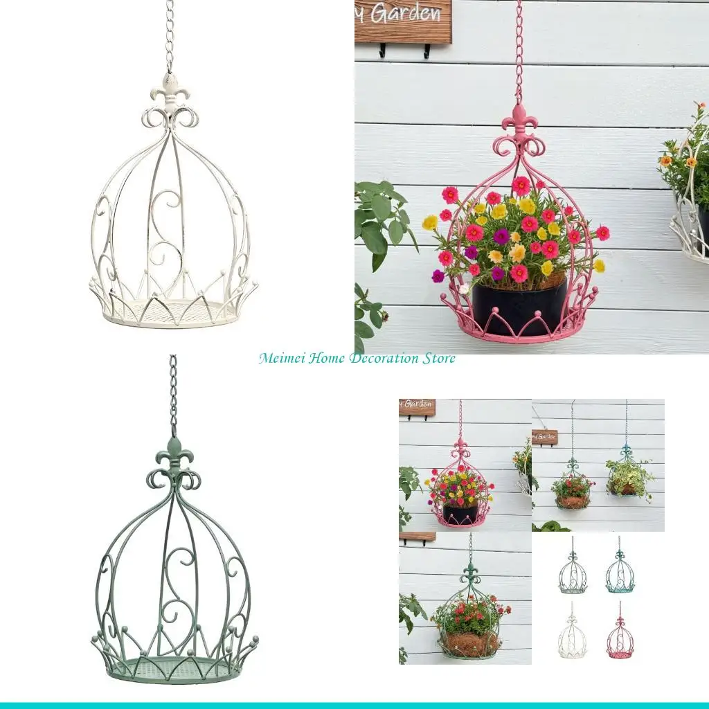 H7BF Outdoor Decoration Crown Hanging Planter Basket Decoration Wrought For Garden