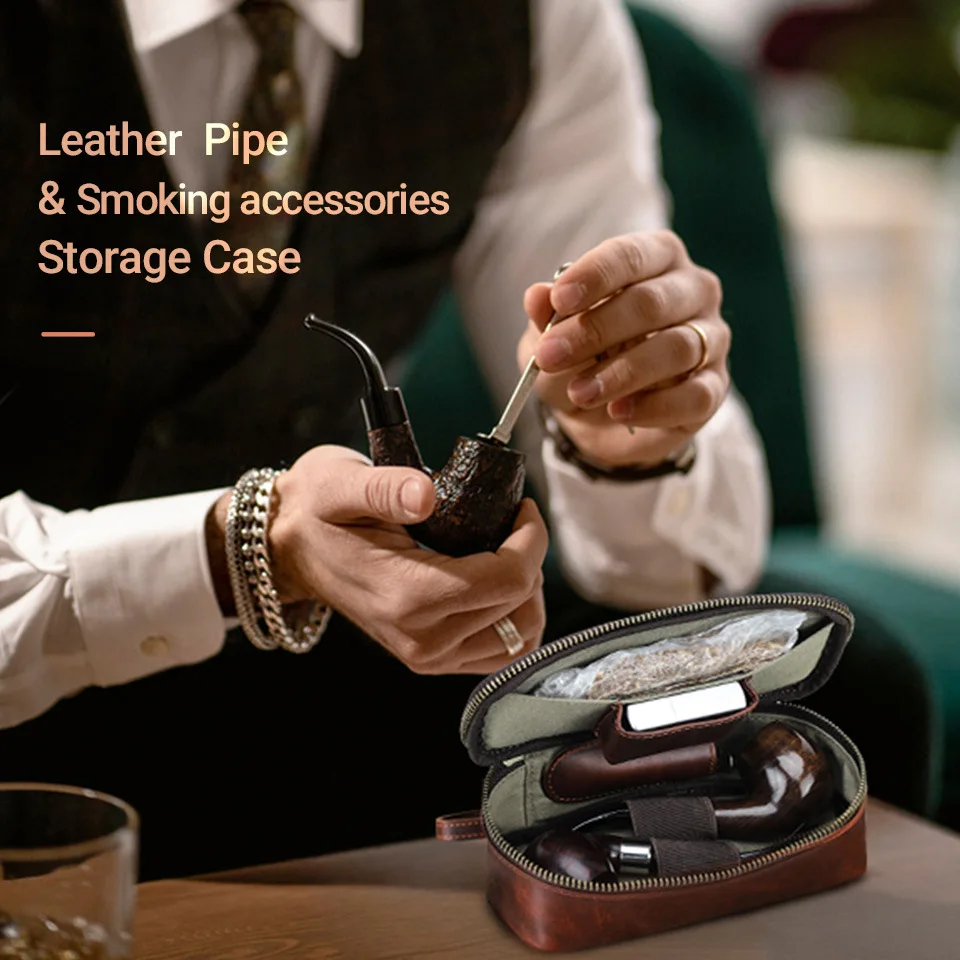 Café Brown Leather Smoking Pipe And Tobacco Storage Box Set Portable Travel Zippered Handheld Pipe Bag for Connoisseurs