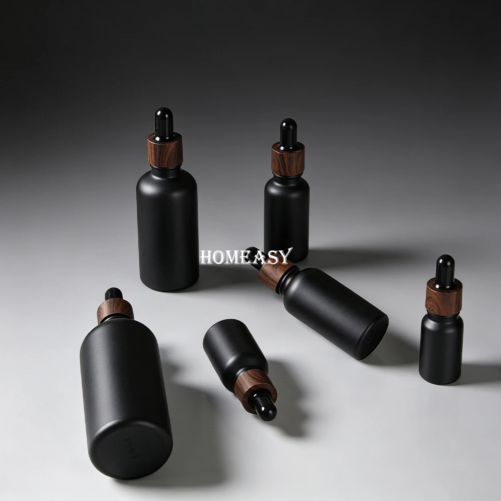 Matte Black Glass Dropper Bottle 7 Sizes Essential Oil Bottle Wooden Lid Refill Aroma Diffuser Storage view 2