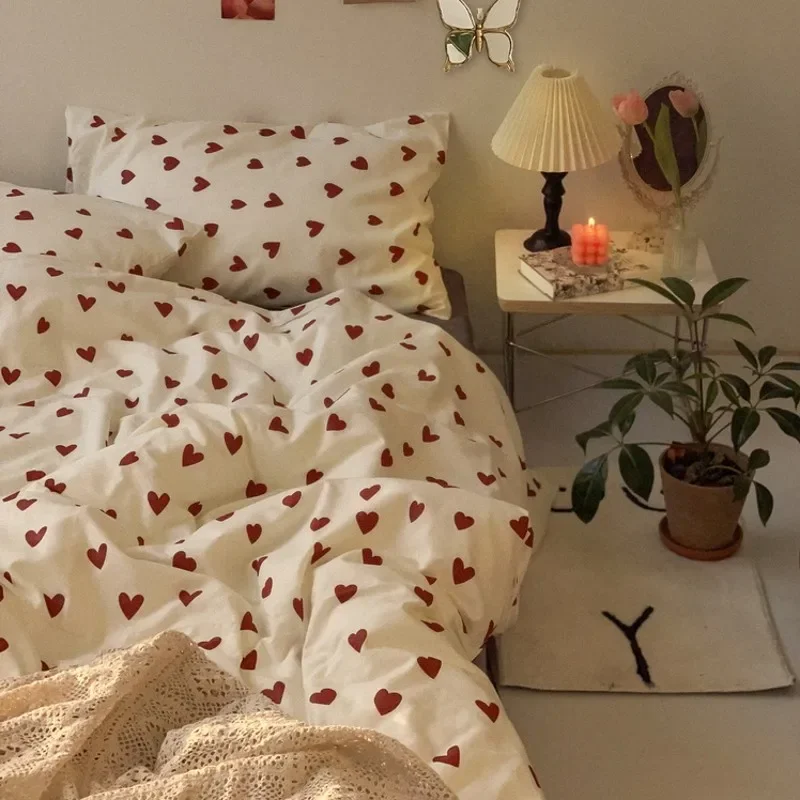 Red Heart Duvet Cover Set Ins Style No Filler Grey Bed Sheet Pillowcase Kids Adult Single Queen Size Home Decoration Bedding Kit