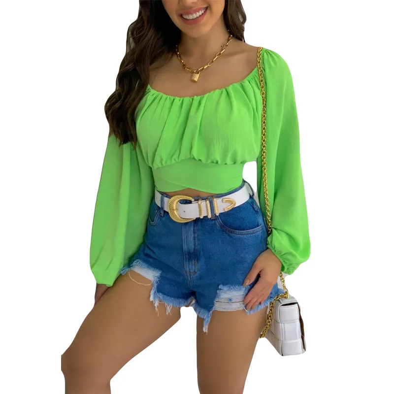 European and American  Tops Solid Color Exposed Navel Lantern Sleeves One-word Collar Sexy Lace-up Bubble Sleeves Fashion Shirt