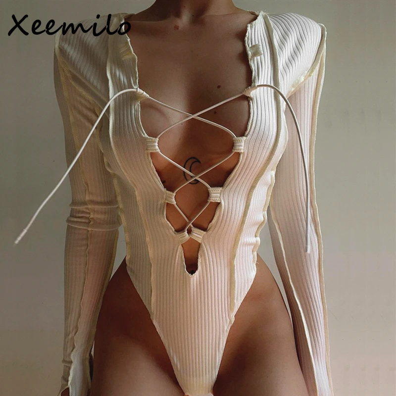 Xeemilo-body Sexy de vendaje cruzado para mujer, Bodi ahuecado de manga larga acanalado, Bodycon de Club nocturno, Y2K