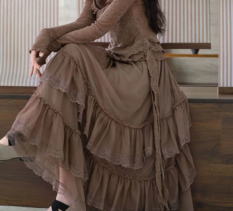 Spring and Autumn Irregular Yarn Skirt Lace Splicing Large Swing Lace Long Multi Layer