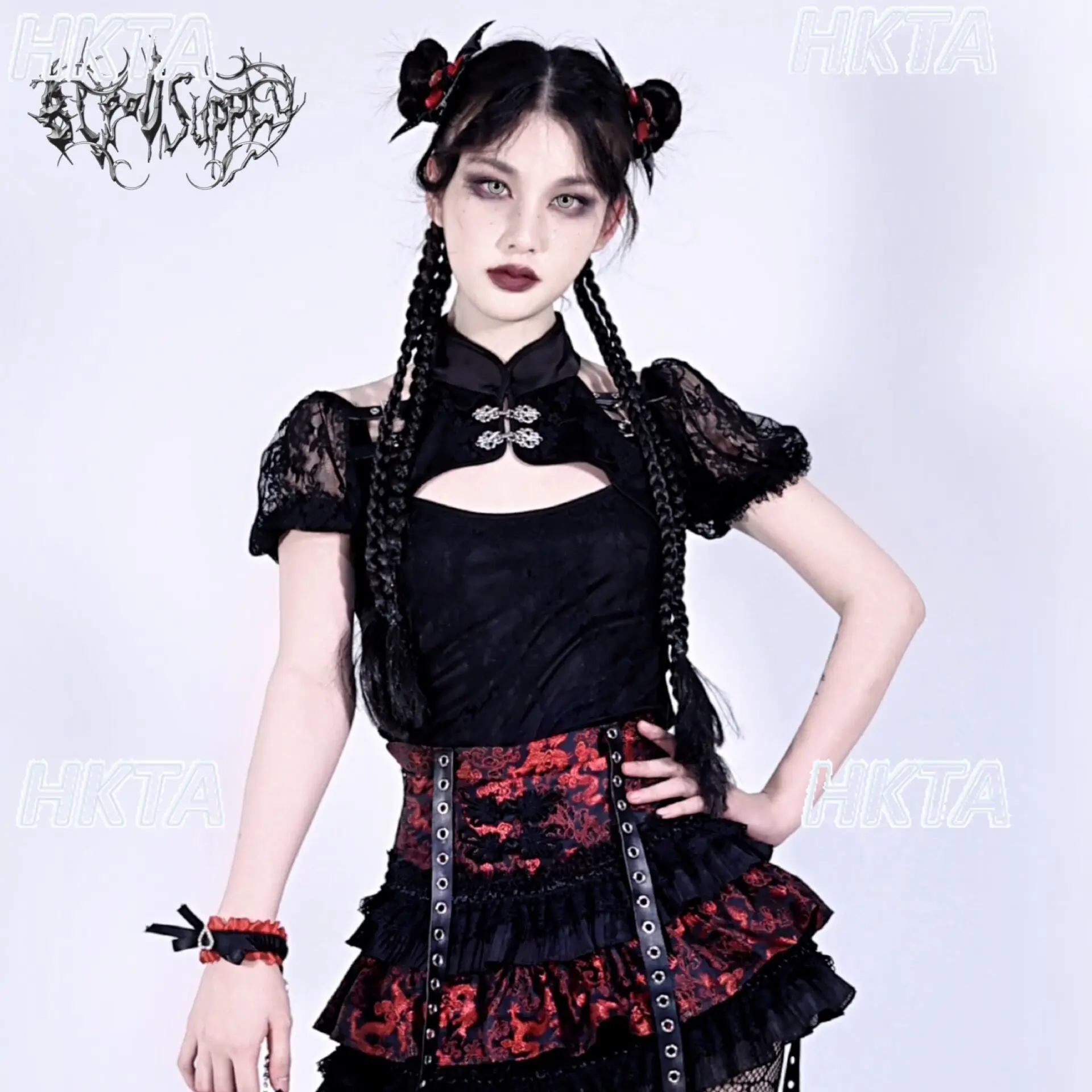 

Original God's Redemption Gothic Y2K Top Lace Black Design Chinese Style Puff Short Sleeve Shirt Summer New Aesthetic T-Shirt