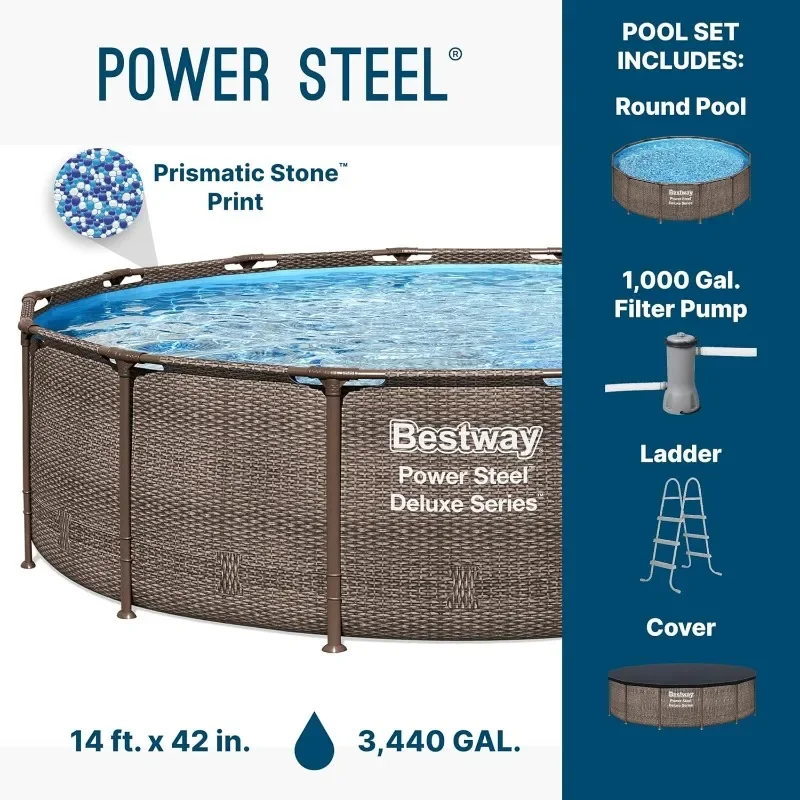 Bestway Power Steel 14’ x 42” Round Above Ground Outdoor Backyard Swimming Pool Set with 1,000 GPH Filter Pump, Ladder