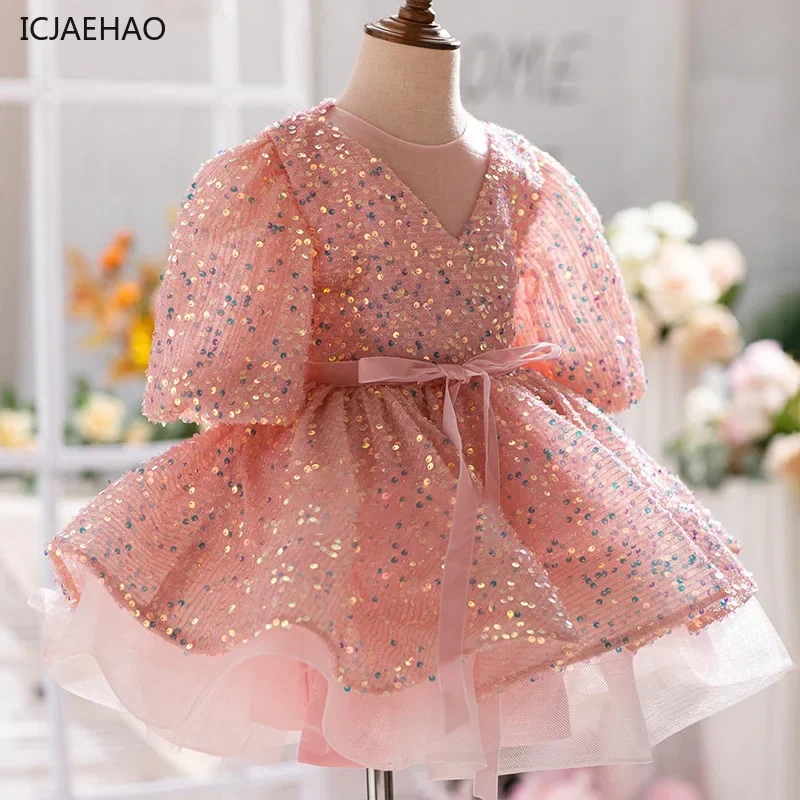 2025 Girls Sequin Princess Dress Toddler Host Outfit Birthday Party Gown Baby Piano Performance Event Dresses for Little Girl