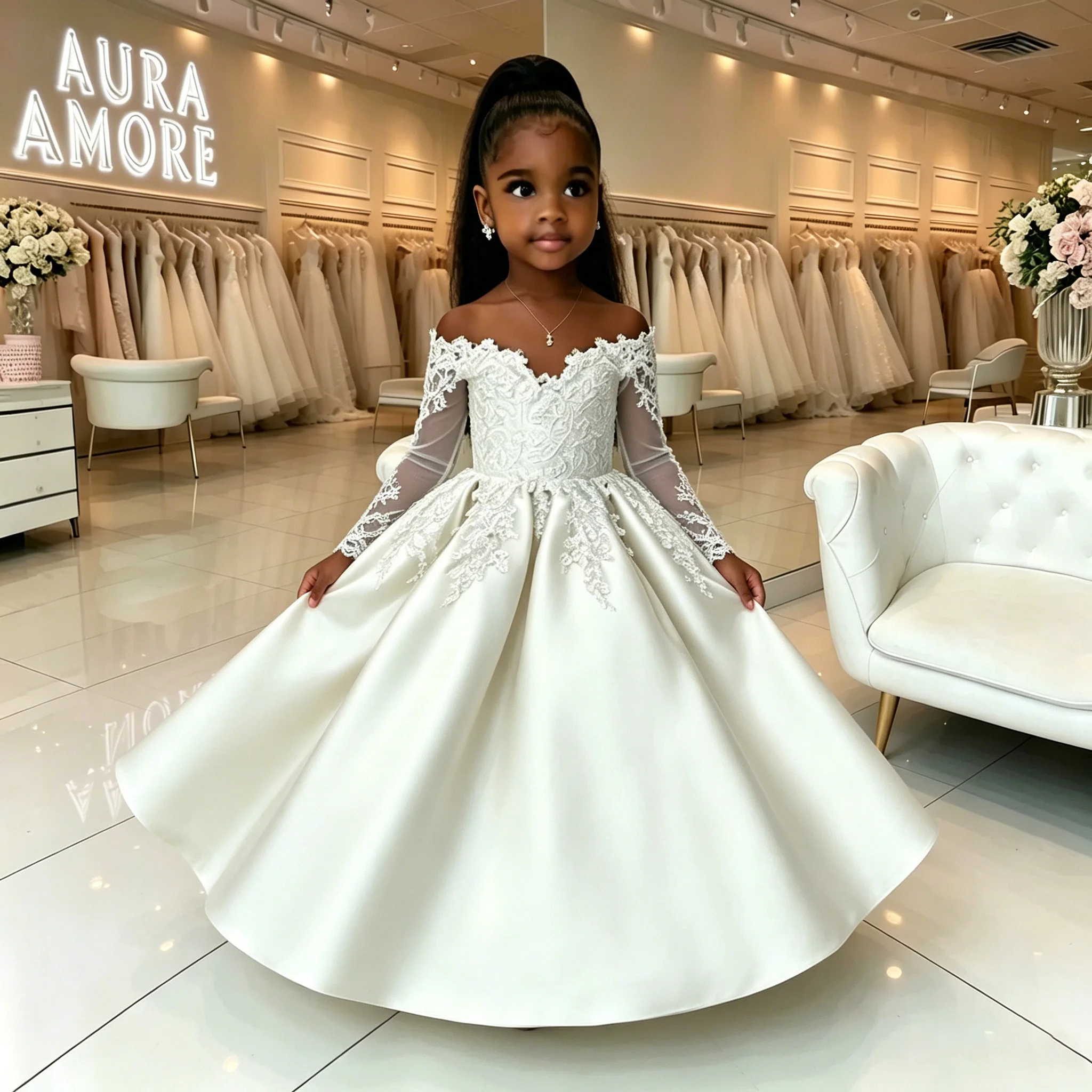 Custom Simple Off Shoulder Lace Long Sleeve Flower Girl Dress Elegant Hand Embroidered Satin Party Dress Girls First Communion