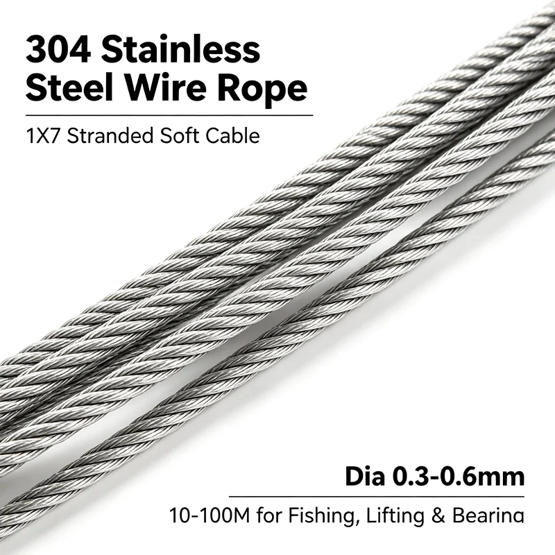 10-100M 1X7 Structure 304 Stainless Steel Wire Rope Dia 0.3-0.6mm Soft Cable Fishing Lifting Bearing Steel Cable