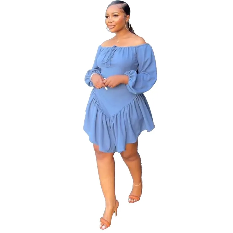 

Wsfec L-3xl Dress for Women Clothing Plus Size Fall Solid Color Long Sleeve Slash Neck Bandage Ruffles Sexy Club Mini Dresses