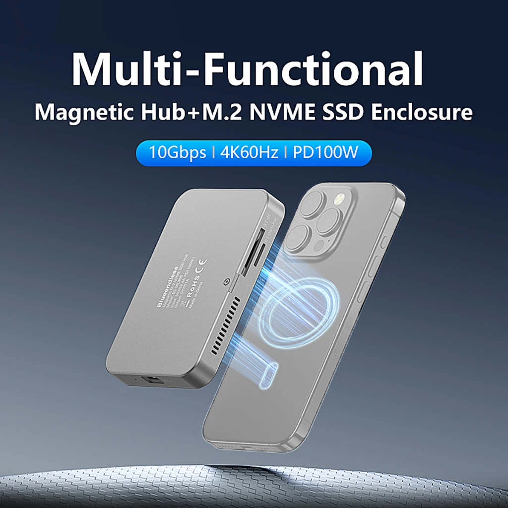 

8-IN-1 Magnetic M.2 for NVMe SSD Enclosure 10Gbps SSD Case USB C 3.2 Gen2 to NVMe PCI-E 100W Charger for iPhone15 Pro MacBook