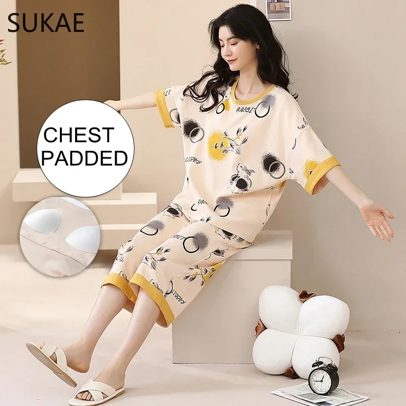 SUKAE Summer Women Chest Padded Sleepwear Casual Capris Pajamas Set Quarter Pants Nightwear Cotton Pijama Mujer Short Sleeves Pj