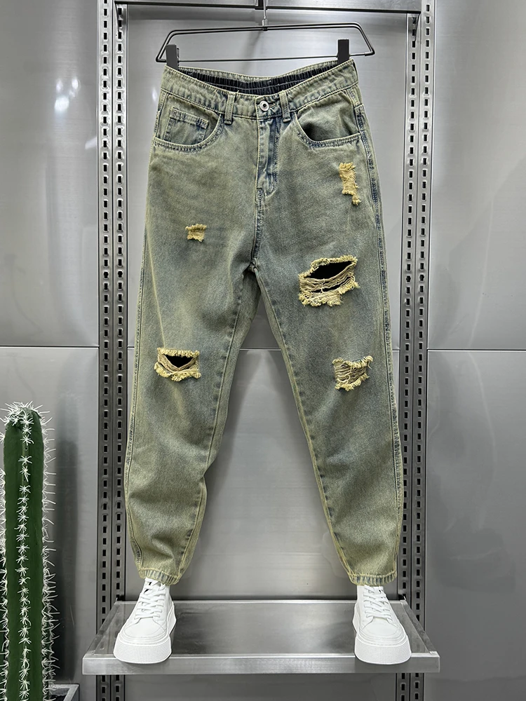 

Мужские летние тонкие джинсы-харланы в стиле ретро, цвета желтой глины, с рваными элементами, модные, универсальные, свободного прямого кроя, повседневные