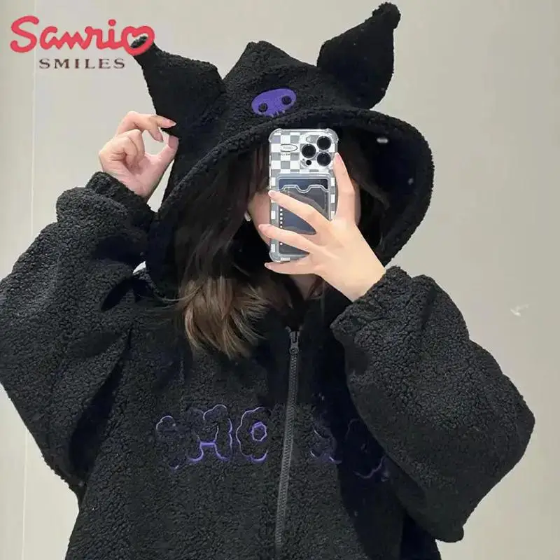 

Кавайная осенне-зимняя новая Толстовка Sanrio Kuromi с аниме-принтом Толстовка с вышивкой шерпа мультфильм Повседневная Свободная Милая Толстовка для девочек подарок