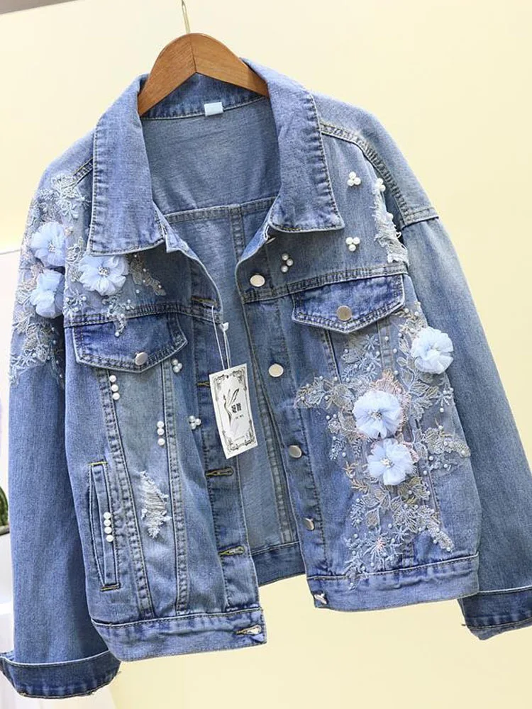 Women's 3D Flower Embroidered Denim Short Coat, Loose Jacket, Women Jeans, Spring and Autumn