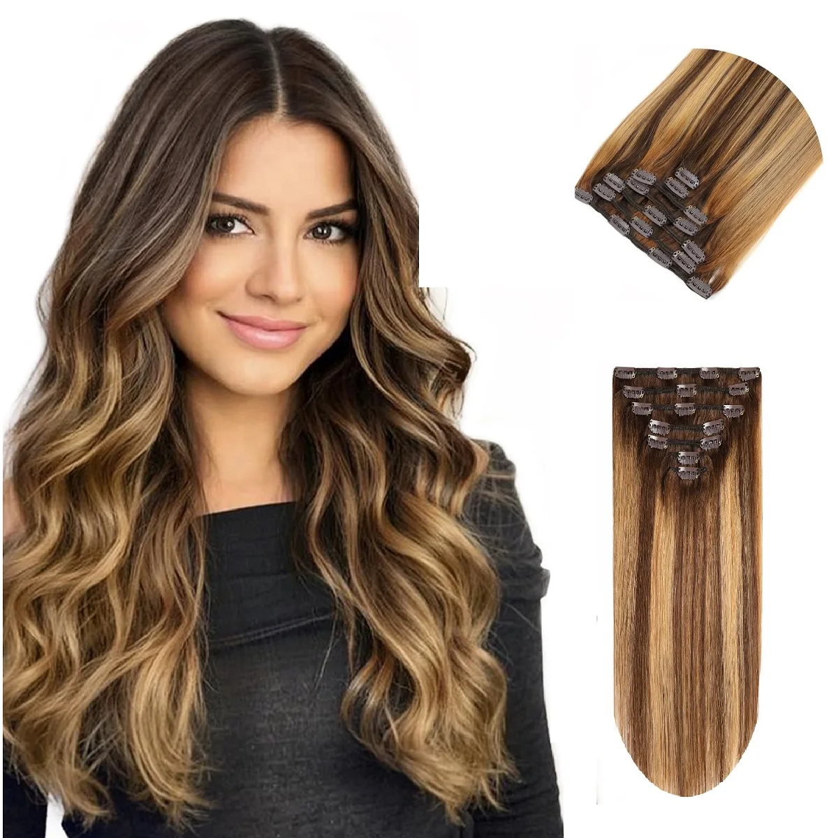 Clip in Hair Extensions Balayage Clip ins Real Human Hair Extensions  7Pcs 16Clips in Ombre Brown to Brown Mix Honey Blonde 120g