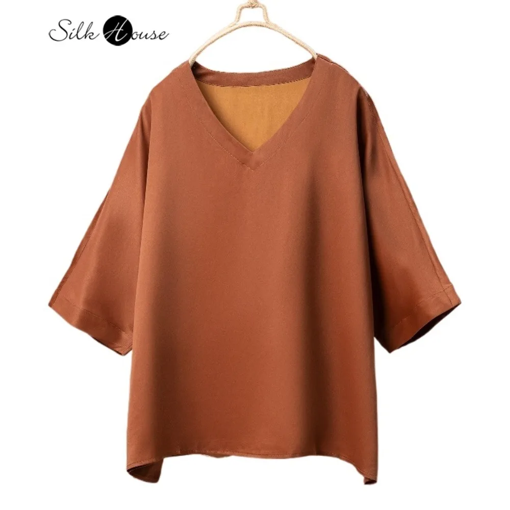 

2026 женская модная весенняя новинка, 100% натуральный шелковый шелк, красная пряжа с облаком, повседневная футболка с короткими рукавами и v-образным вырезом с короткими рукавами и v-образным вырезом