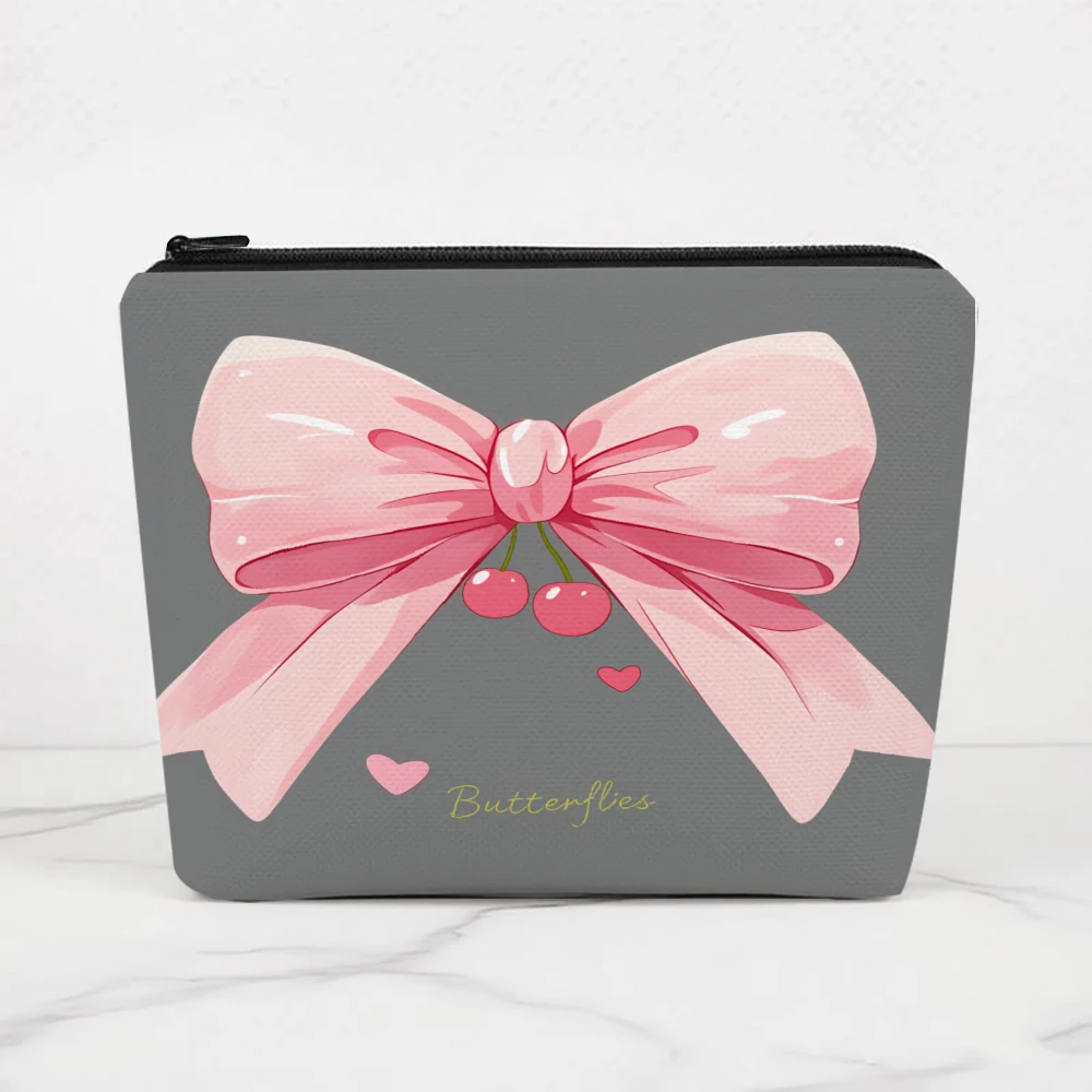 Pink Bow Cherry Hearts Butterflies Makeup Bags for Girls Cosmetic Pouch Toiletry Bag Pencil Case Travel Storage