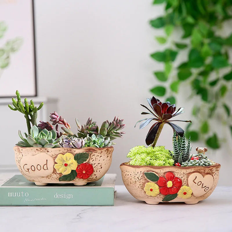 Hand Painted Coarse Ceramic Succulent Planter, Large Diameter Pot for Cactus Arrangement, Rustic Home Decor