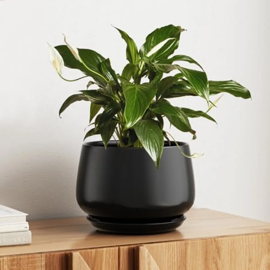 

10-дюймовый керамический цветочный горшок с дренажным отверстием и поддоном, прочный, для комнатных растений, для современного домашнего декора, черный