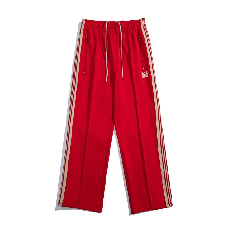 

Arrival Butterfly Embroidery Red Sweatpants Webbing Track Stripe Pants Drawstring Zipper Oversize Men Women Trousers New