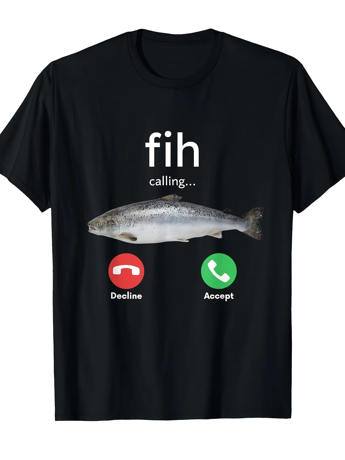 2026 LocalMenCasual Fih Calling Remind T-Shirt - DeclineAccept Phone Call Fish Graphic, Black Crew Neck Short Sleeve Tee for Cas