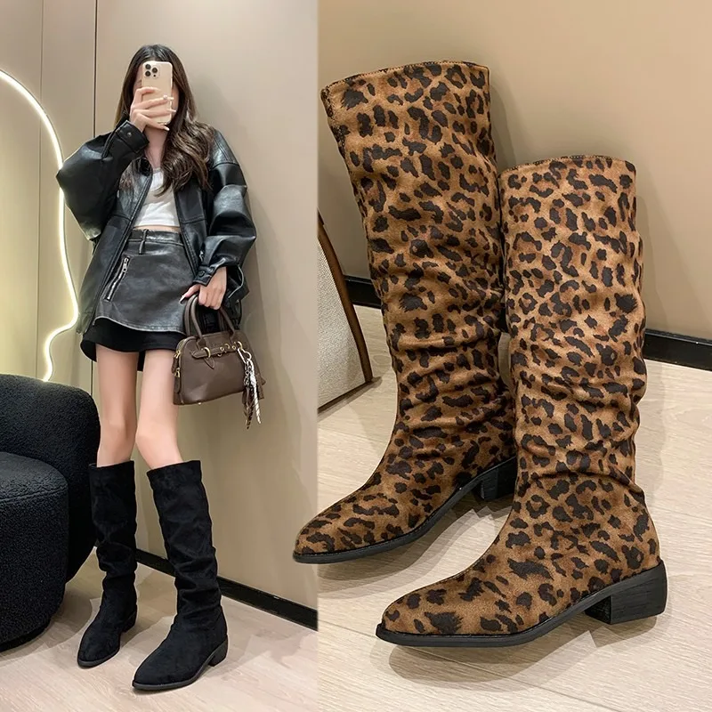 Botas Largas de Tacón Alto con Estampado de Leopardo y Gamuza Retro para Mujer, Nuevo Estilo 2026, Adecuadas para Otoño e Invierno, Botas Gruesas