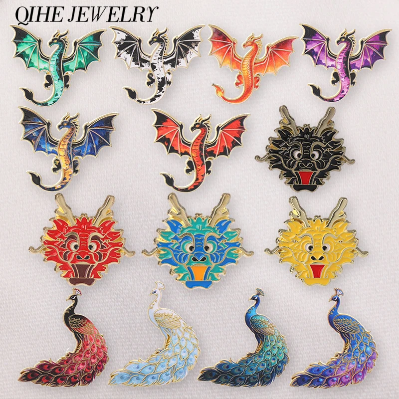 14 Style Fantasy Dragon Peacock Badge Enamel Pins Mythical Creature Winged Dragon Peacock & Dragon Heads  Brooch Accessory Badge