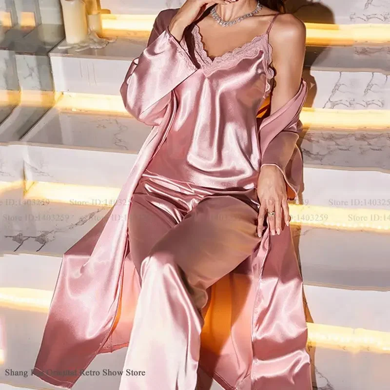 

3PCS Pajamas Set Sleepwear Women Pink Rayon Long Robe Kimono Bathrobe Gown Sexy Lace Trouser Pijamas Suit Spring Autumn Homewear