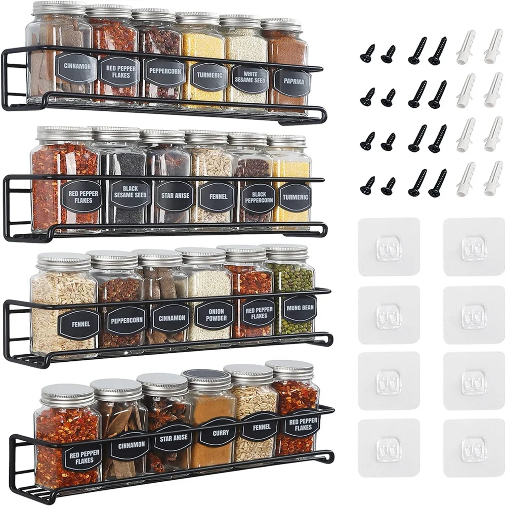 4 Pack Spice Rack Wall Mounted Stainless Steel Metal Hanging Racks For Seasoning Jar Kitchen Cupboard Home Organiser