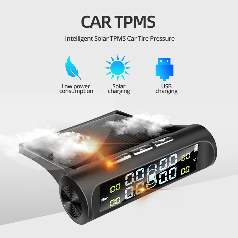 Yanace Solar Wireless Car Tire Pressure Digital Display 4 External Sensors Auto Tyre Safety Monitoring Device for Vehicles
