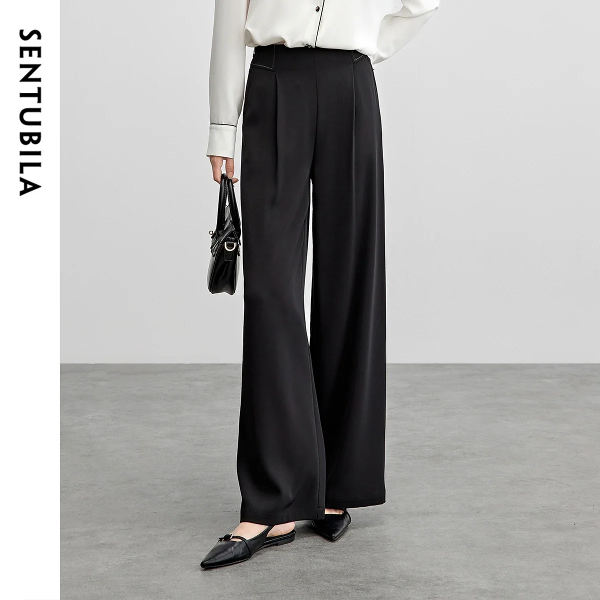 SENTUBILA 女性ドレープブラックワイドレッグパンツオフィスレディ構造プリーツロングパンツ 2025 春秋服 151K57631