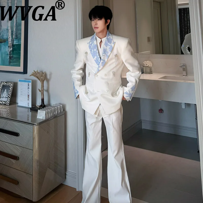 WVGA Spring Autumn New Men Light Luxury Lace Patchwork Double-breasted Jacquard Design Blazer Niche Casual Pants Sets Ins W27775
