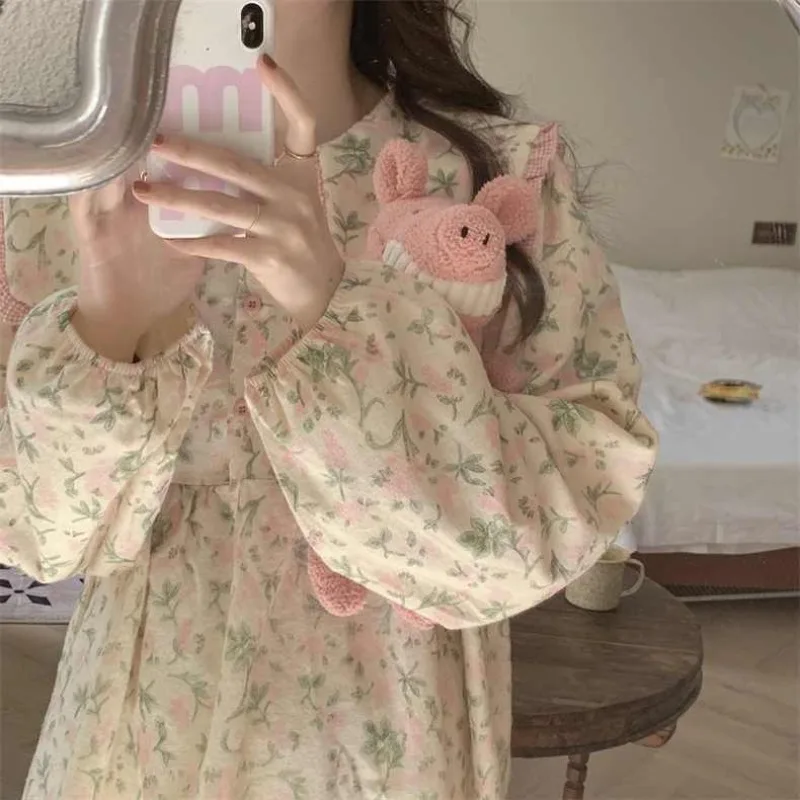 Pajama Sets Women Delicate Ruched Floral Designed Peter Pan Collar Sweet Vintage French Stylre Home Lounge Autumn New Hot Sale