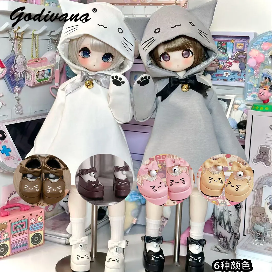 Sweet Cute Cartoon Cat Face Platform Doll Shoes with Bow & Bell, Ankle Strap Maid Lolita Doll Footwear for1/3 1/4 1/6 BJD Doll