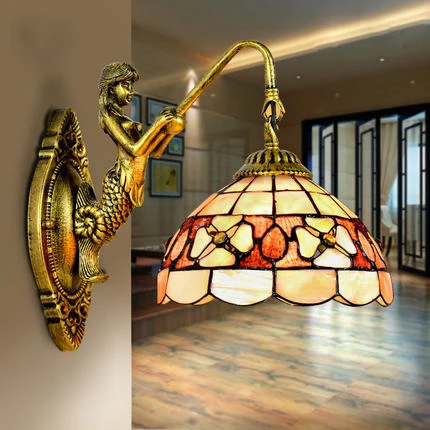 

Mediterranean LED Tiffanylampe Tiffany Mermaid Wall Lamp AC 110/220V E27 16cm 20cm Shell Wall Lamps For Home Corridor Bedroom