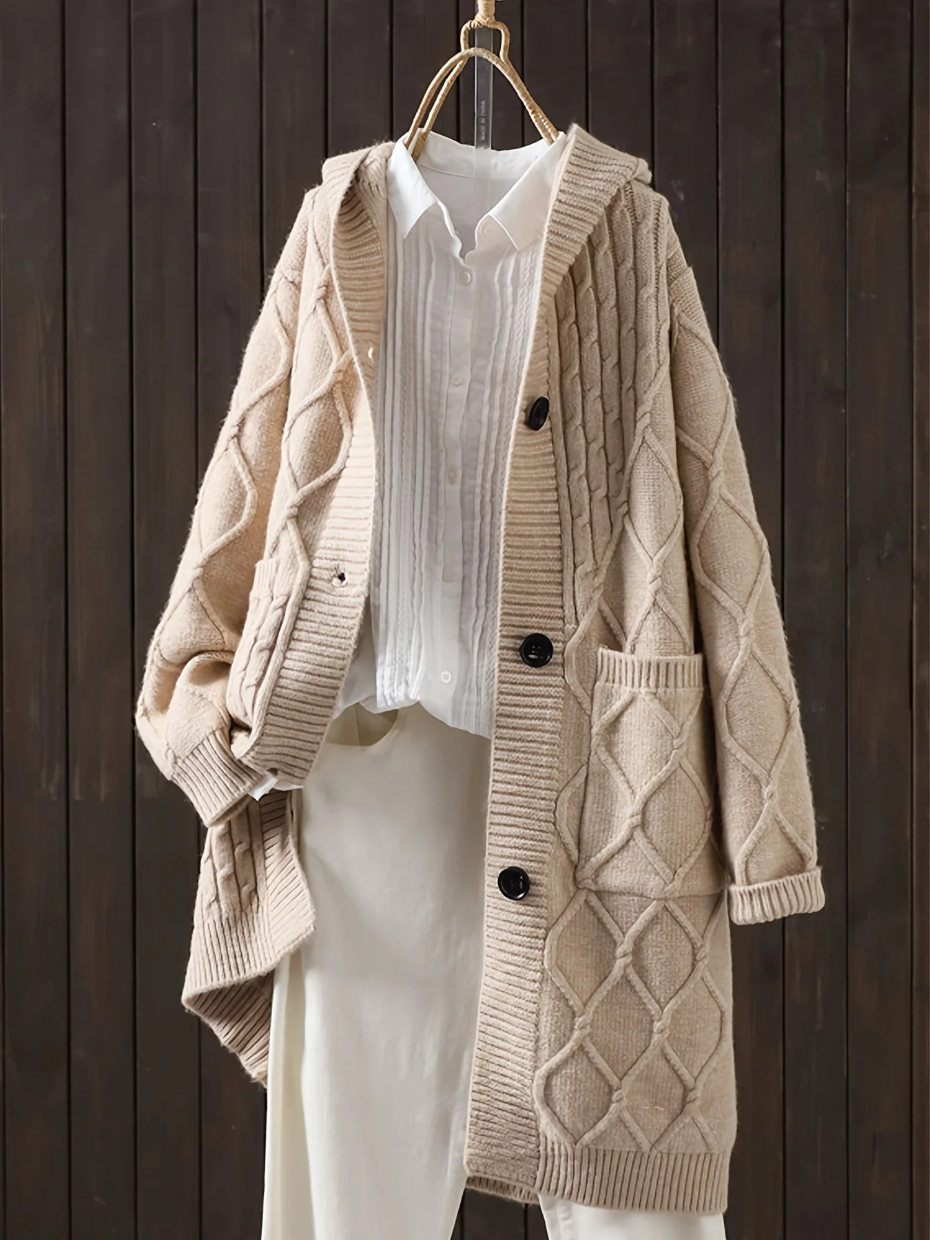 سترة نسائية محبوكة بغطاء للرأس سميكة ومزخرفة متوسطة الطول - معطف خارجي فضفاض جديد للخريف والشتاء مع صف واحد ولكن #1