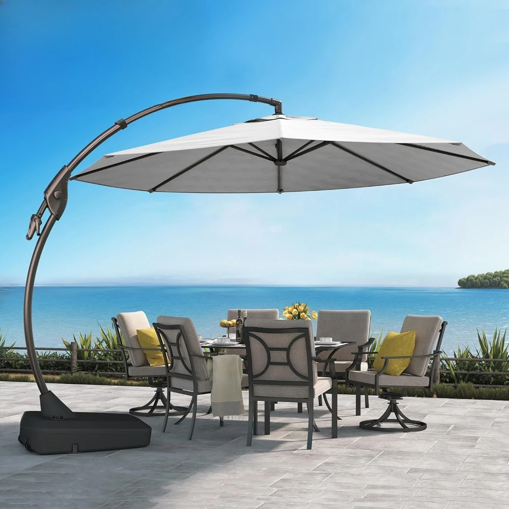 Base Outdoor Round Aluminum Offset Umbrella Shade with Tilt Adjustment (Granite, 12 FT-SUNBRELLA)