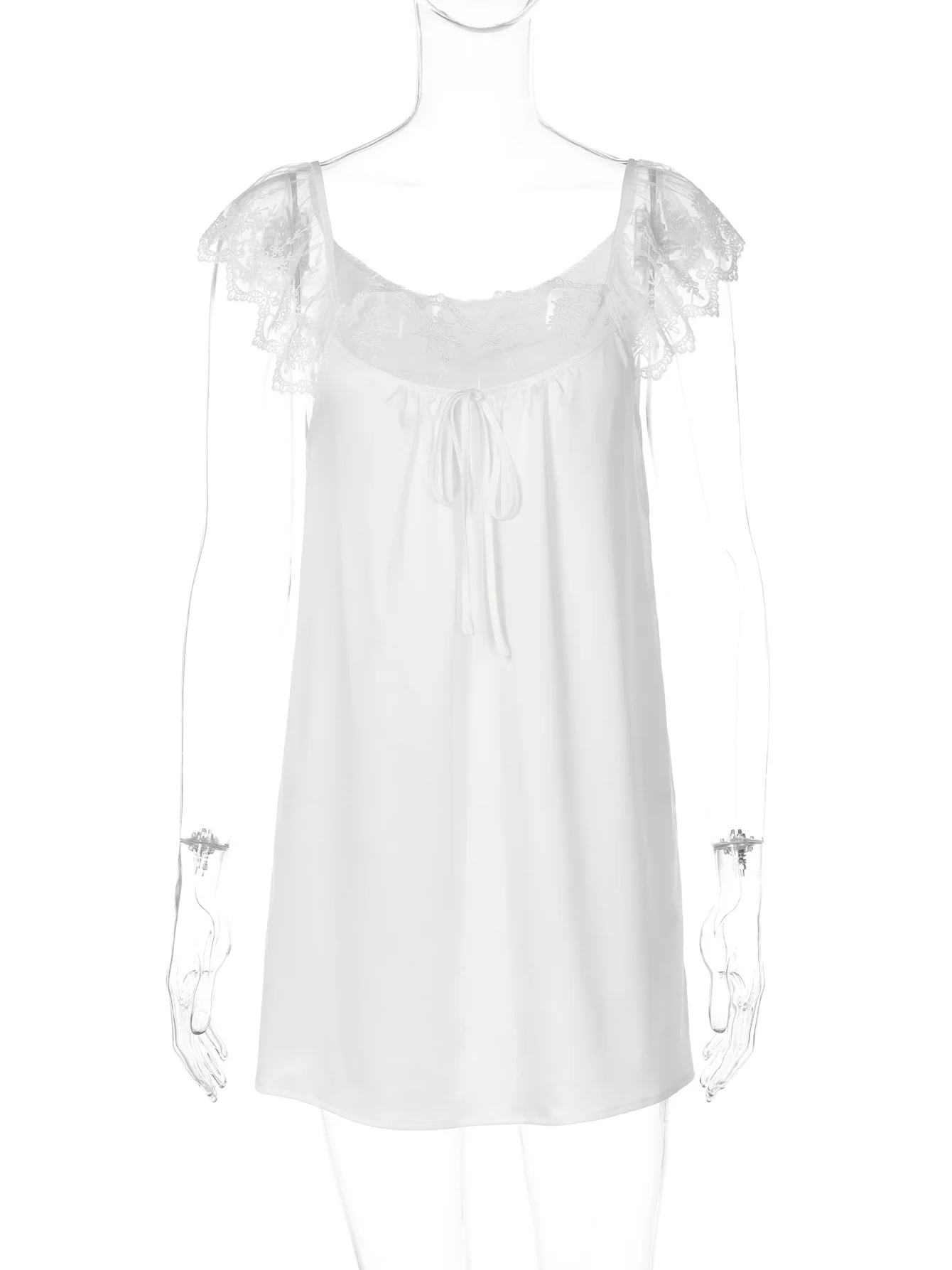 FDYOUI 캐주얼 섹시 레이스 패치워크 미니 드레스 스트리트웨어 Y2K 2026 여성용 밴디지 시스루 새틴 파티 클럽 드레스 화이트 블랙