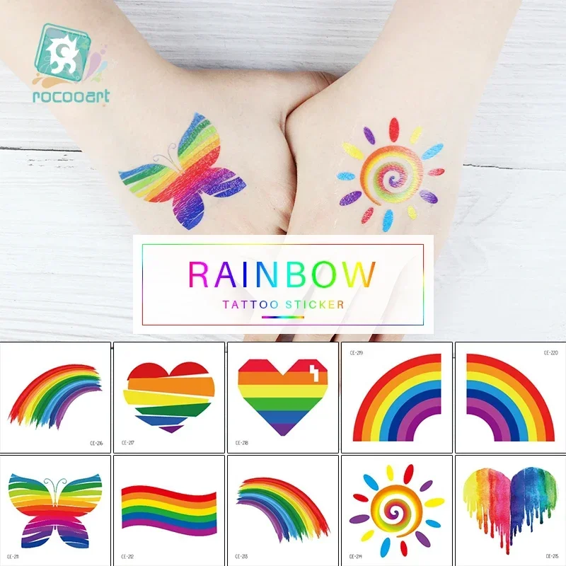 Rocooart Rainbow Fake Tattoo Team Bride Tattoo Sticker Fluorescence Temporary Tattoo Flash Taty Makeup Waterproof Face