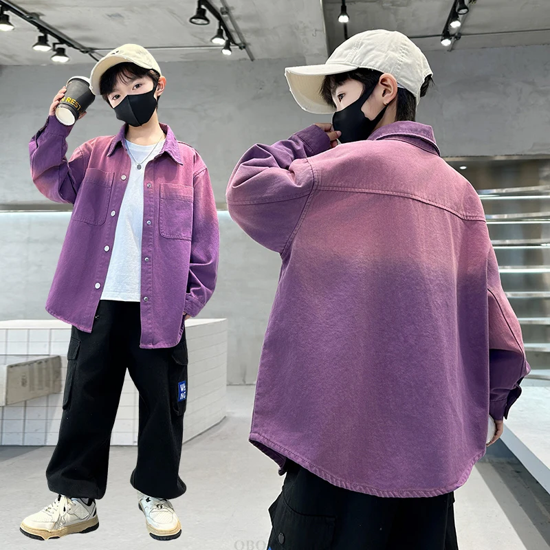 

Autumn Fashion Children Boys Gradient Purple Denim Shirt Long Sleeved Blouse Kids Teenager Casual Clothing Spring Outerwear 5-14