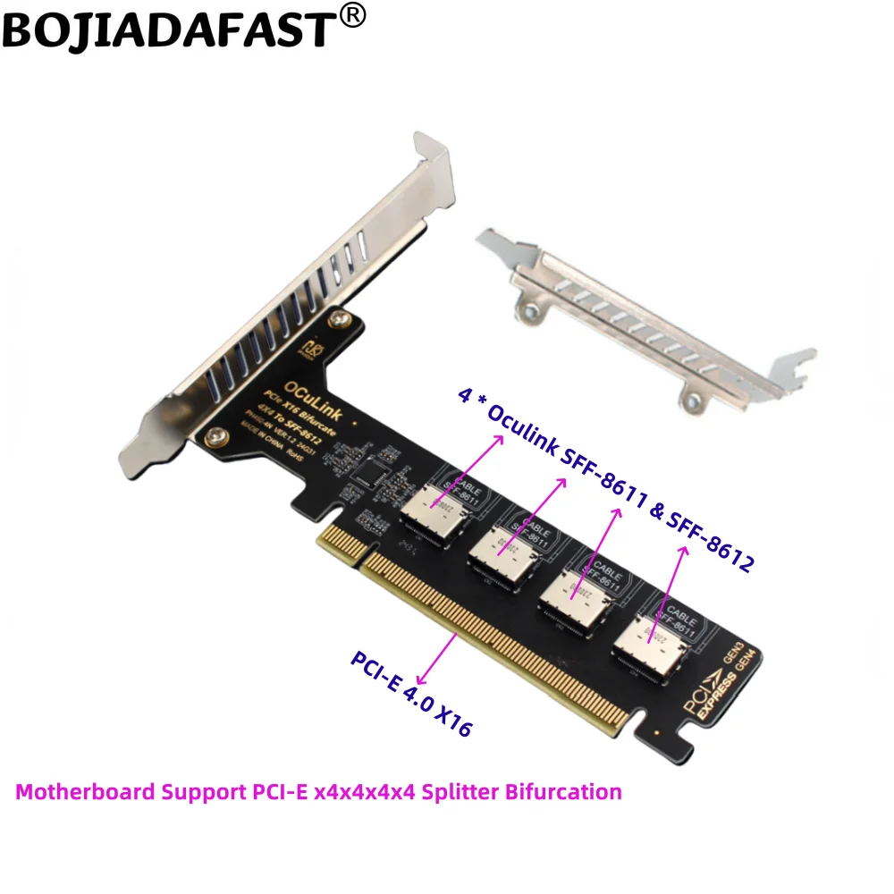 

PCIE 3.0 X16 PCI-E 4.0 16X to 4 x Oculink SFF-8611 SFF-8612 Expansion Adapter Card For U2 NVME SSD