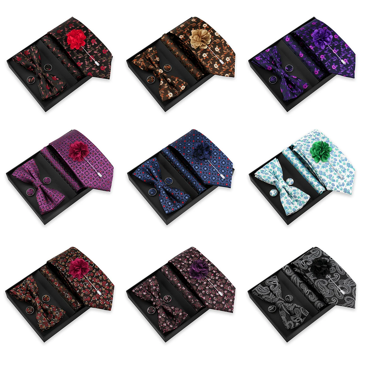 Elegant Men Tie Set Paisley Bow Tie Pocket Square Cufflinks Brooch New Design Selected Gift Wedding Business Formal Party