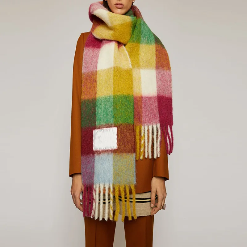 2022 Fashion Rainbow Plaid Scarves Warm Cashmere Wraps Chal Long Tassel Shawl Women Bufanda Mujer Oversize Echarpes Pashmina