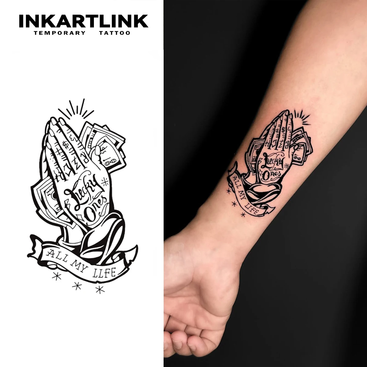 Praying Hands temporary tattoo stickers, magic tattoos, herbal juice tattoos, lasting 1-2 weeks, realistic fake tattoos