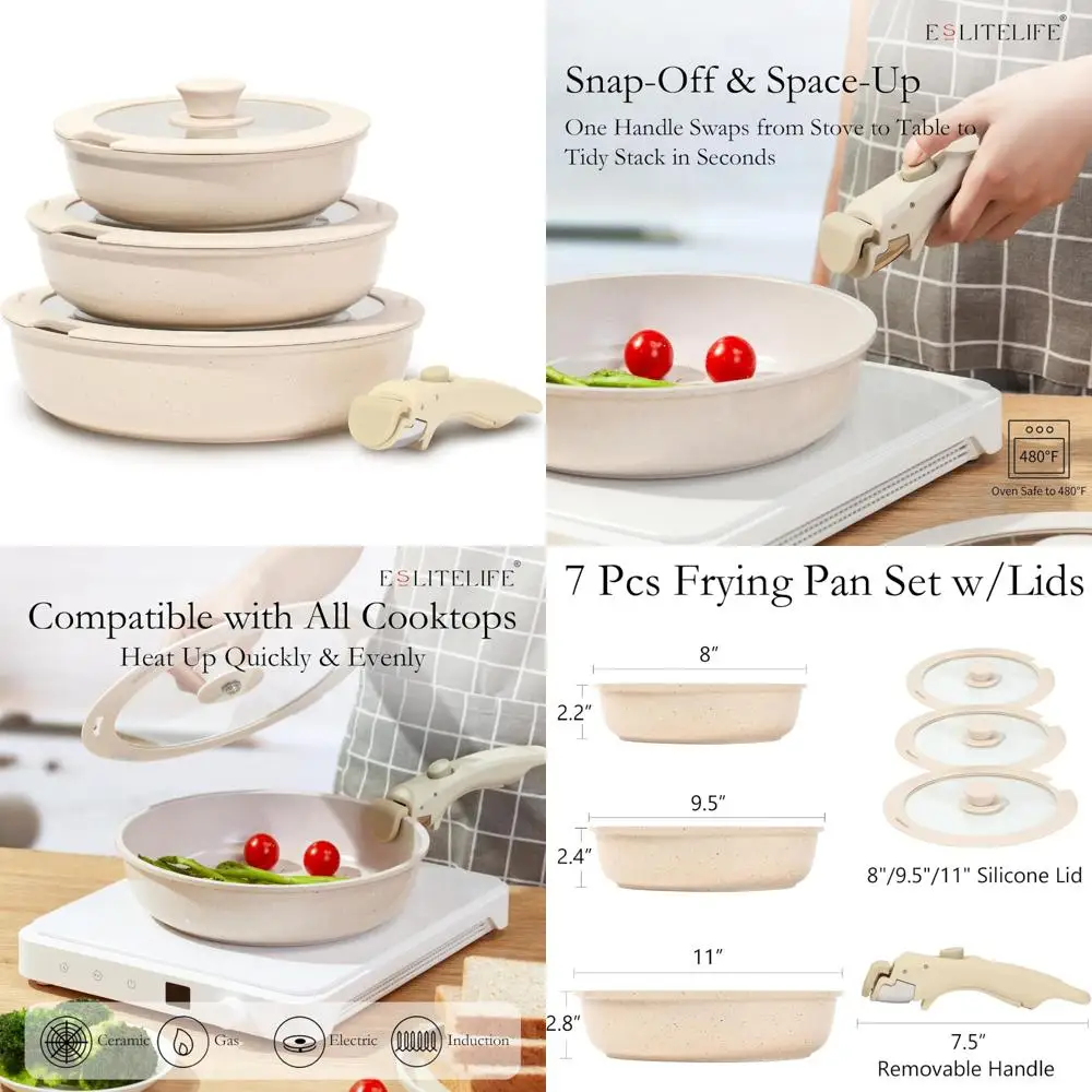 

Набор керамических сковородок с антипригарным покрытием, крышками и съемными ручками, безопасный для яиц и омлетов, идеальная кухонная утварь