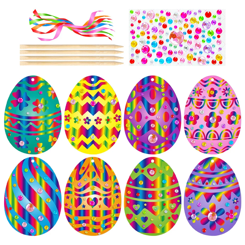 Pintura de huevos de Pascua con rasguño de diamantes de colores, juguetes para niños, tarjetas de arcoíris, papel artesanal de madera