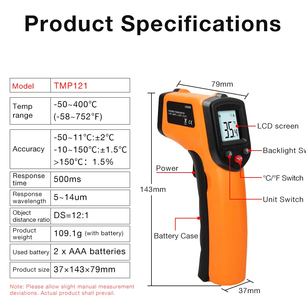 New Handheld Digital Infrared Thermometer Temperature Gun Non-Contact Laser Heat Tester -50-400°C for Industrial And Home Use
